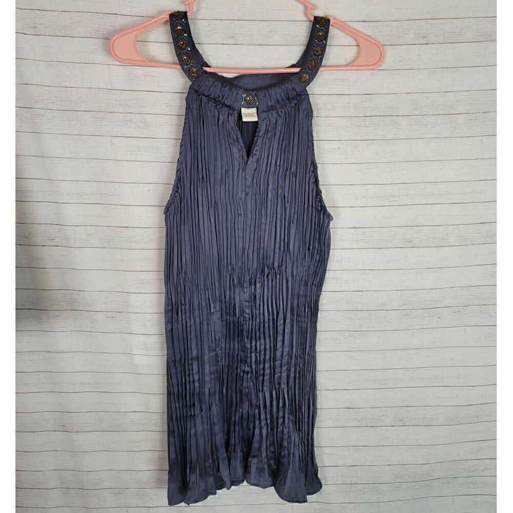 SUNDANCE Nightfall Beaded Halter Pleated Top in Ink, sz Large